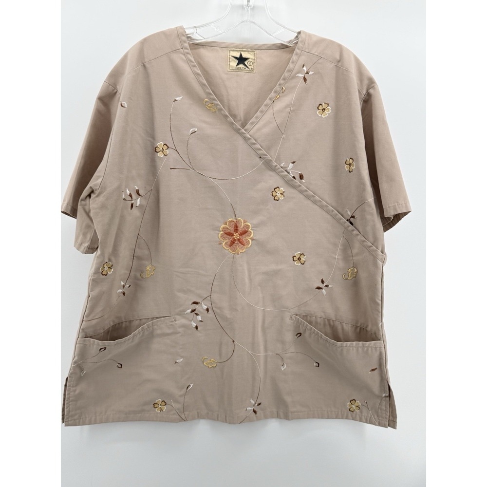 BLACK STAR, KHAKI, SCRUB TOP,EMBROIDERED FLOWERS ON FRONT. SZ L Missing Back Tie